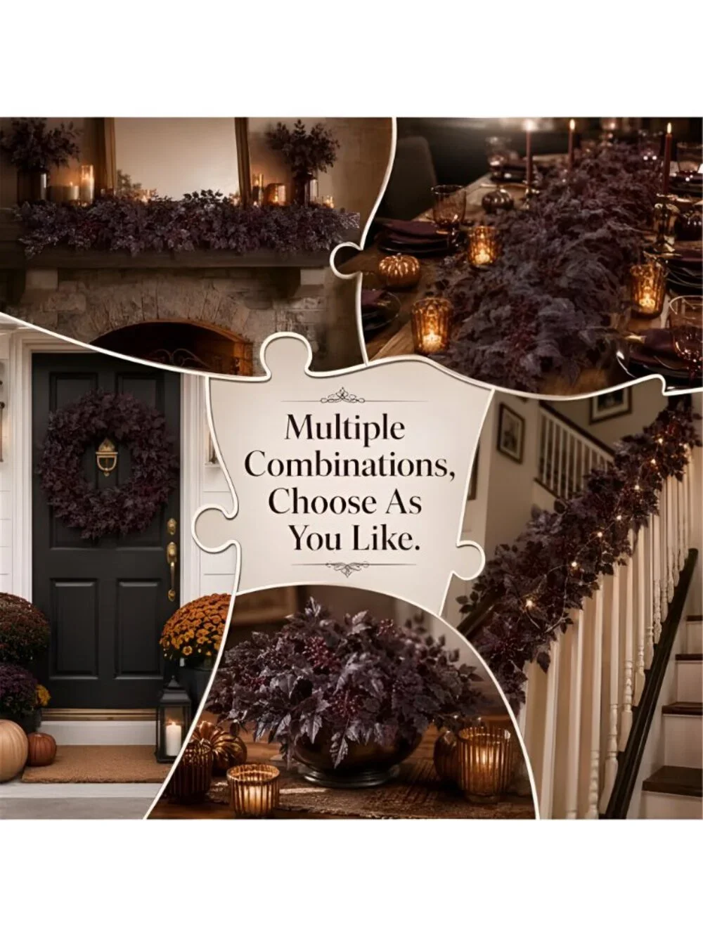 2Pack Fall Decorations for Home, 6FT Dark Plum Fall Garland, Flexible Branches